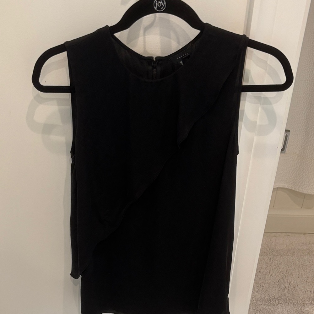 Theory Black Sleeveless Blouse with diagonal ruffle
